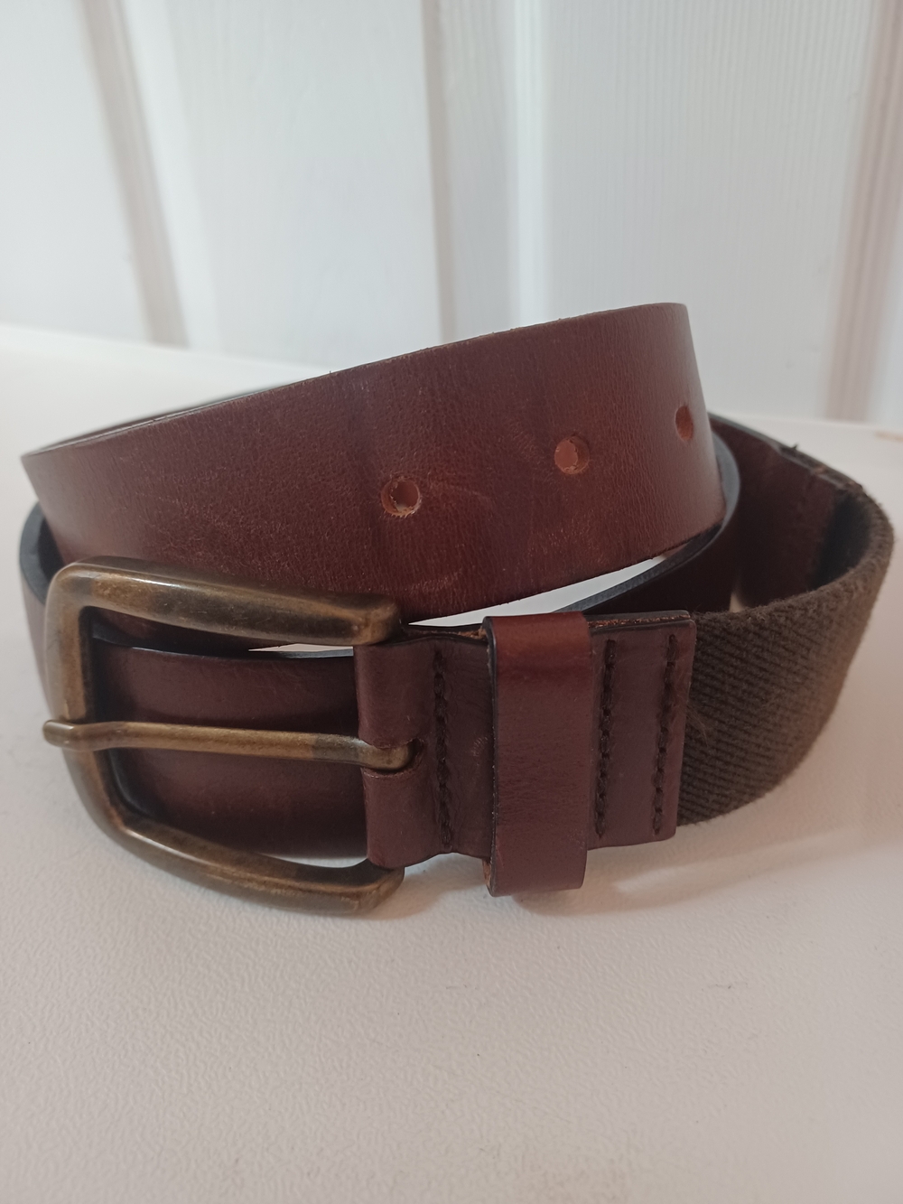 Vtg L.L. Bean Brown Leather Canvas Webbing Casual Belt Made In UK Brass Size 38